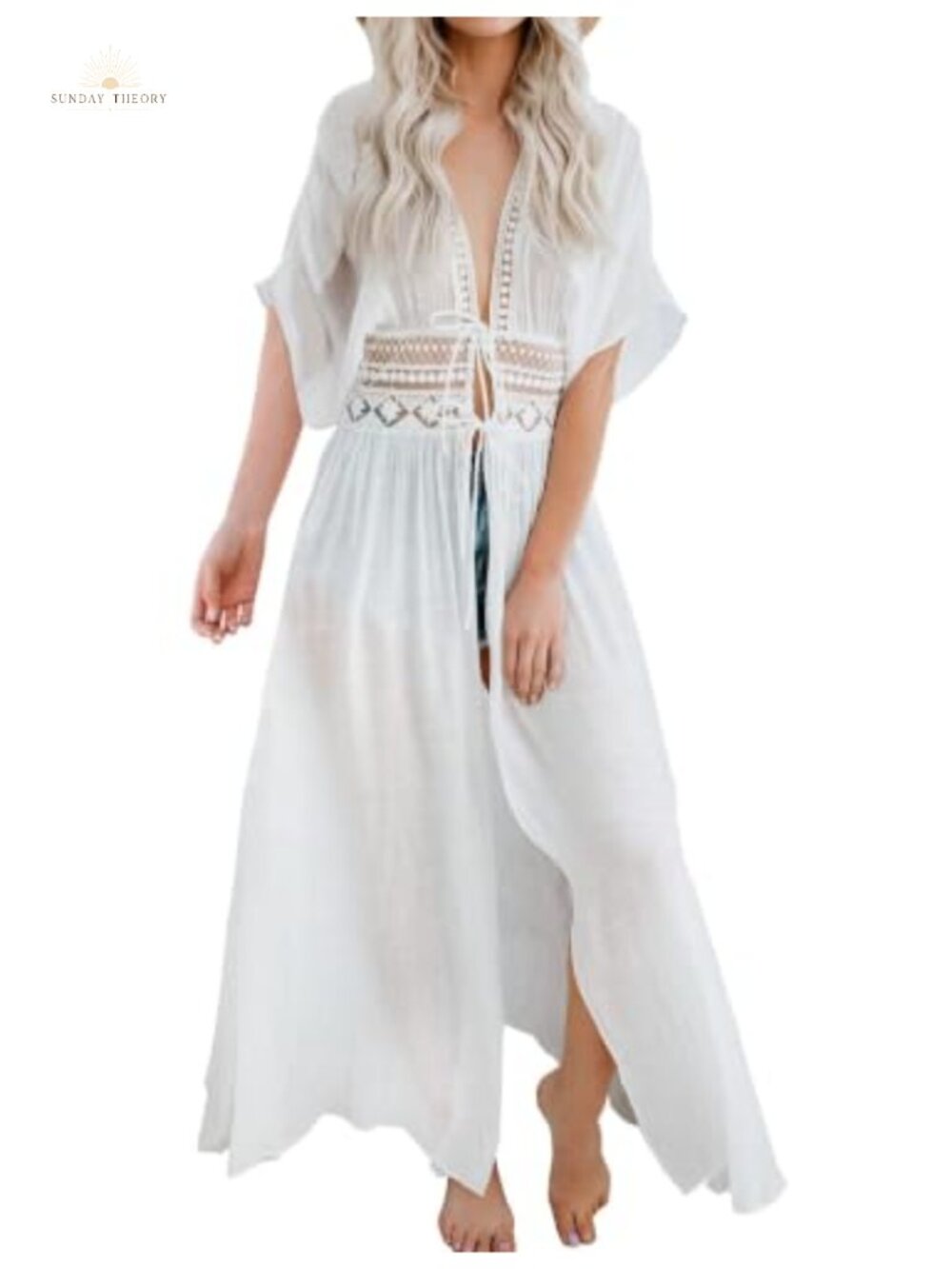 Long Lace Sheer Bikini Coverup Kimono Tie Front Beachwear Swimsuit Cover Up